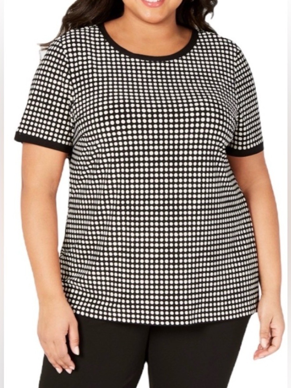 ANNE KLEIN | Black White geometric Button-Back Short Sleeve top. Women’s small